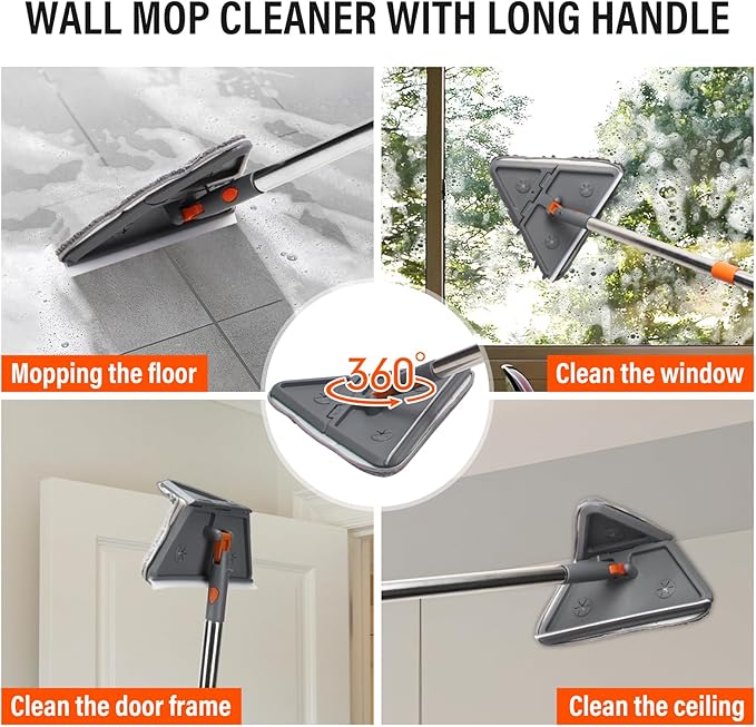 Baseboard Cleaner Tool with Handle,Wall Cleaner mop with Squeegee, Baseboard Cleaning Tool with 86" inch Extension Pole,8 Replacement Pads for Baseboards Cleaning, Ceiling, Wall, Floor, Shower