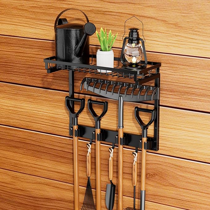 Broom Holder Wall Mount with Cleaning Supplies Organizer, Laundry Room Organization and Storage Shelves with Mop Hanger Rack Gripper Hooks, Home Improvement Kitchen Shelf Garage Organizer