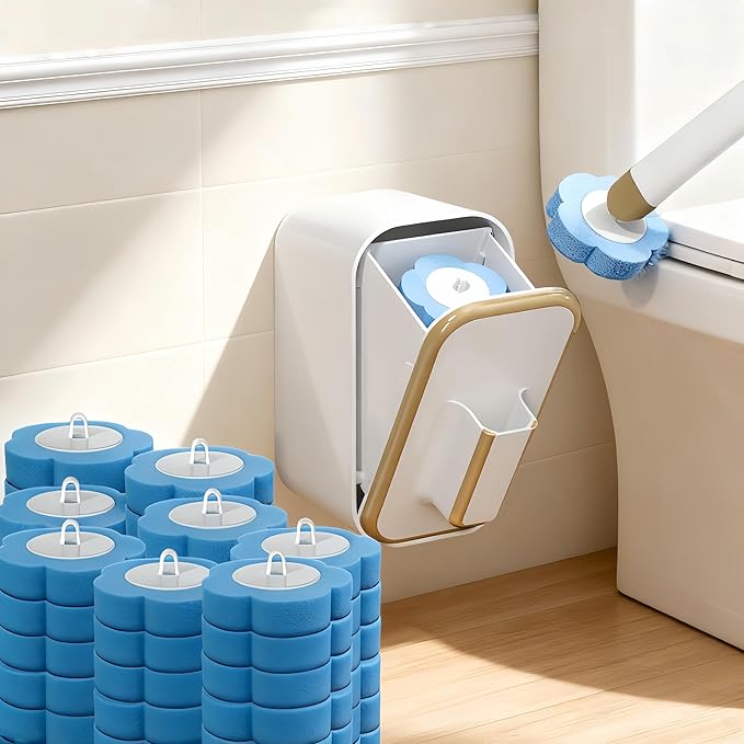 Disposable Toilet Brush and Base Set (Including 48 Replacement Heads and Base) - Wall-Mounted Design with Ergonomic Grip for Bathrooms, Toilets and RVs.