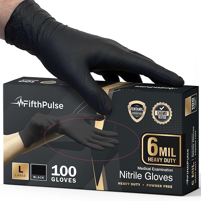 FifthPulse 6 Mil Black Nitrile Gloves, Heavy Duty Mechanic and Food Grade Glove - Powder-Free, Latex-Free Medical Exam Gloves
