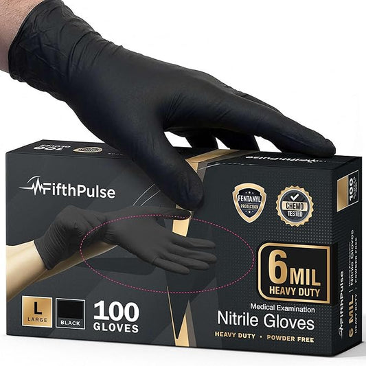 FifthPulse 6 Mil Black Nitrile Gloves, Heavy Duty Mechanic and Food Grade Glove - Powder-Free, Latex-Free Medical Exam Gloves