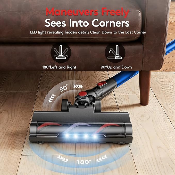 RONEAIR Cordless Vacuum Cleaner,40Kpa 45Min Vacuum Cleaners for Home,Self-Standing,Stick Vacuum with Wall Mount Storage,Anti-Tangle &,6 in 1 Lightweight Vacuum for Hard Floors Carpet Pet Hair - Blue