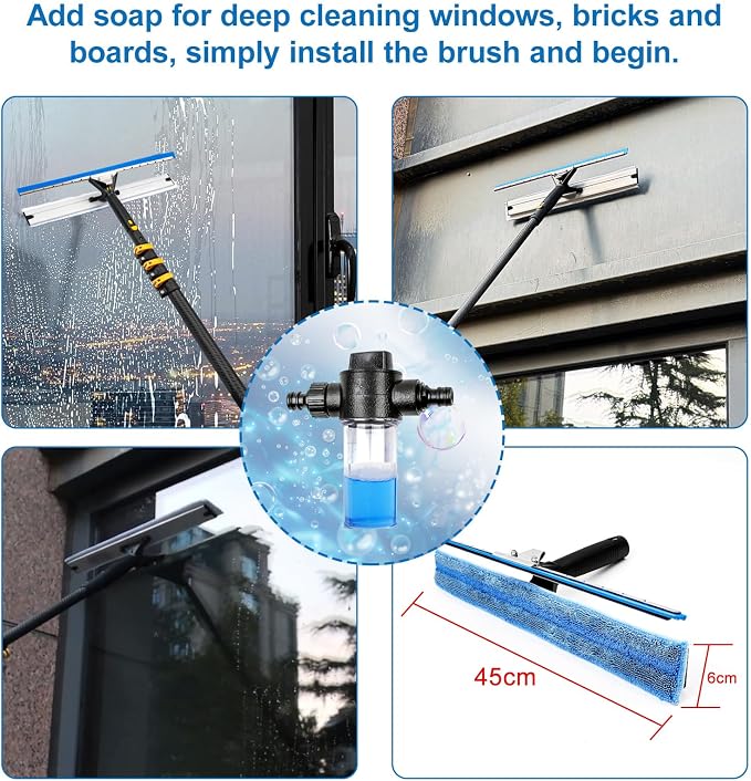 HIBLE 18 Feet High Reach Window Squeegee Carbon Fiber Pole for Window Washing, Cleaning Tool kit with Telescopic Pole, Brush, Soap Dispenser, Water Hose, Faucet Quick Connector