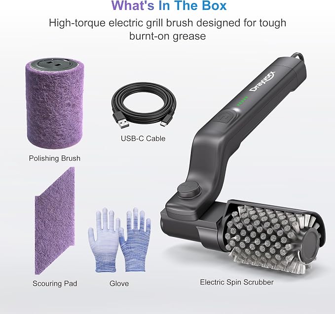 Electric Grill Brush, 20kg High Torque BBQ Cleaner with 3 Speed Modes, Reinforced Steel Bristle Scrubber, Type-C Rechargeable, Safe for Cast Iron & Porcelain Grates