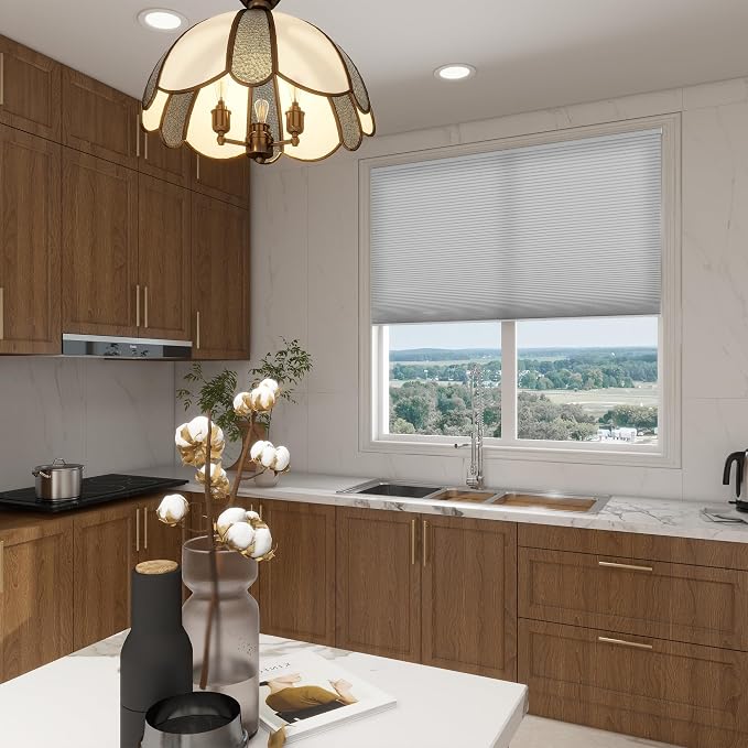 No Drill Cellular Shades, Light Gray Custom Size Cordless Light Filtering Pull Down Pleated Honeycomb Blind Thermal Insulated Easy Install for Indoor Window Bedroom Living Room Kitchen Door