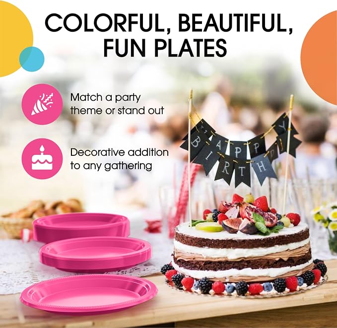 Exquisite Party Solids Hot Pink Plates Disposable Hot Pink Plastic Plates 100 Pieces - 50-7" & 50-9" Heavy Duty 350 GSM Disposable Dinnerware Sets, Plastic Dinnerware Sets