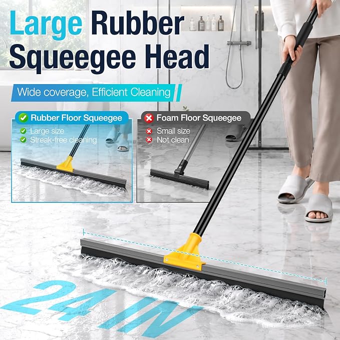 SOBONNE 24" Floor Squeegee for Concrete Floor Water Removal | Heavy Duty Large Rubber Squeegee Broom/ 57" Long Handle for Tiles Window Shower Garage Patio Deck Pool/Yellow