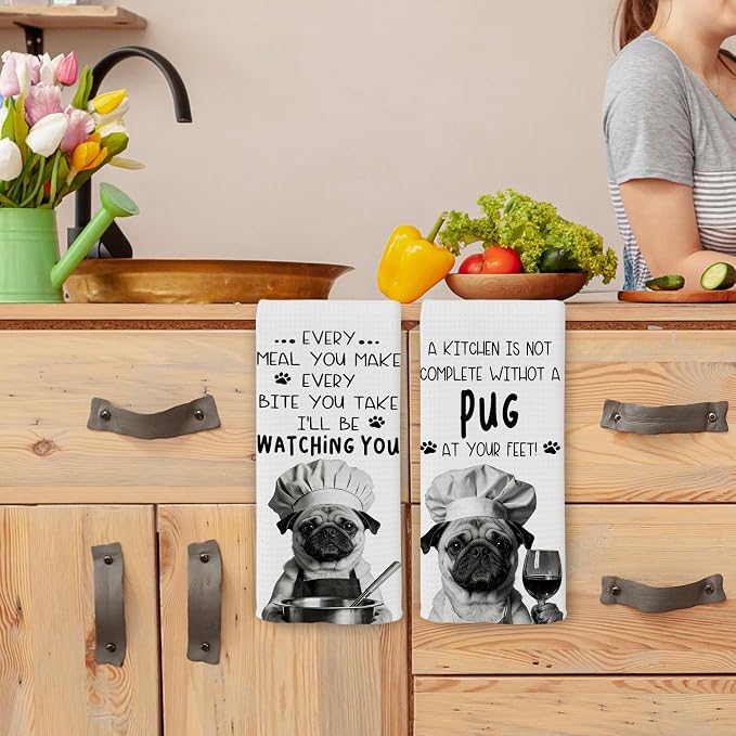 Funny Pug Dog Kitchen Towels 16x24 Inch Set of 2 | Pug Lovers Gifts for Women Men Dish Tea Towels for Kitchen, Dog Lover Mom Dad Owner Gifts Decorative Hand Towel