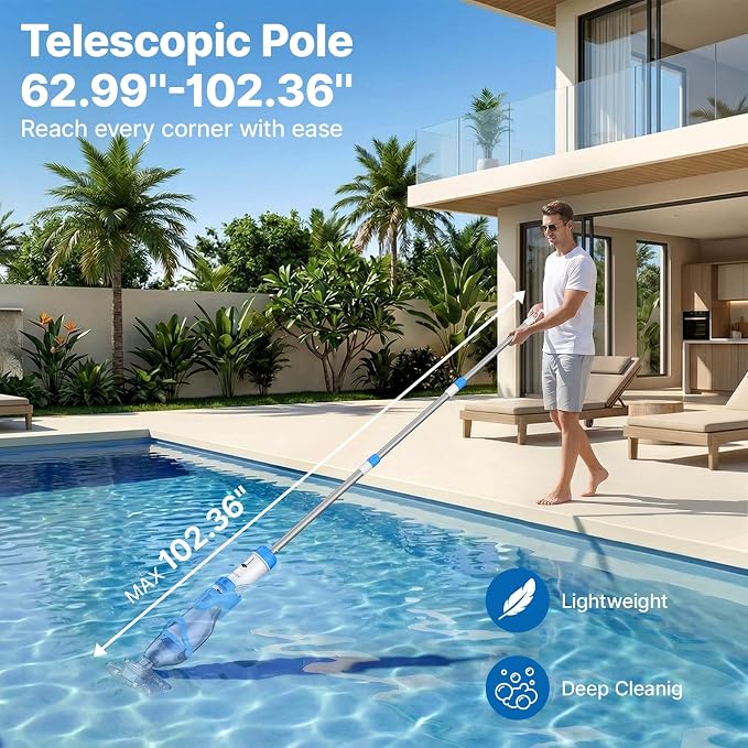 OGERY Pool Vacuum for Above Ground Pool, Up to 18.5GPM Flow & 50KPA Powerful Suction, 60Mins Runtime, Telescopic Pole Cordless Pool Vacuum for Inground Pools, Handheld Pool Vacuum for Spas/Hot Tubs