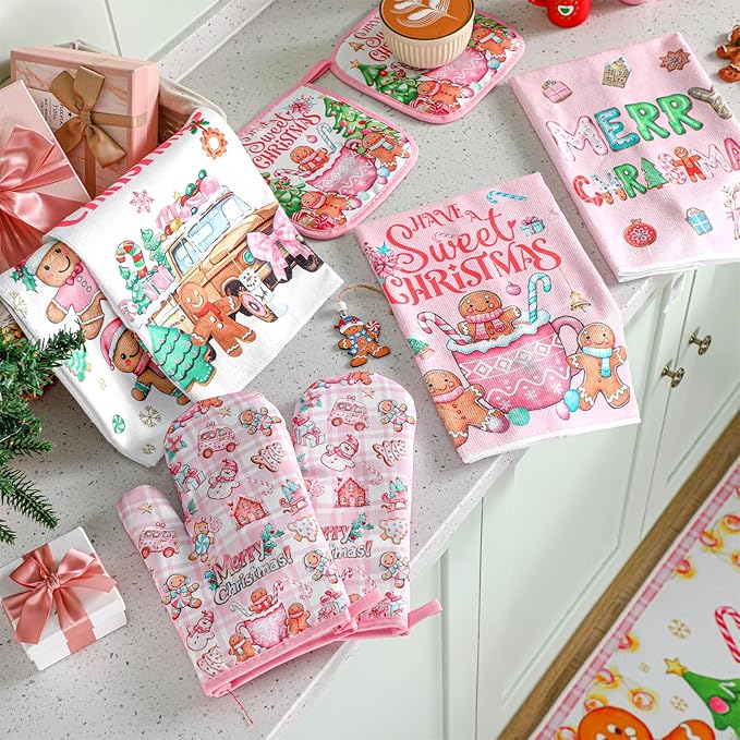 Fanfanwin 10 Pcs Winter Oven Mitts Pot Holders Kitchen Rug and Towel Set Absorbent Towels for Baking Cooking BBQ Gifts Kitchen Decor(Pink,Gingerbread Man)