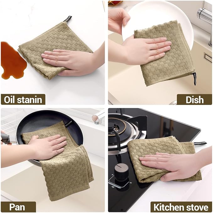 Homaxy 100% Cotton Terry Kitchen Dish Cloths, Ultra Soft Absorbent Dish Towels with Hanging Loop, Pineapple Grid Designed, 12 x 12 Inches, 6-Pack, Tan