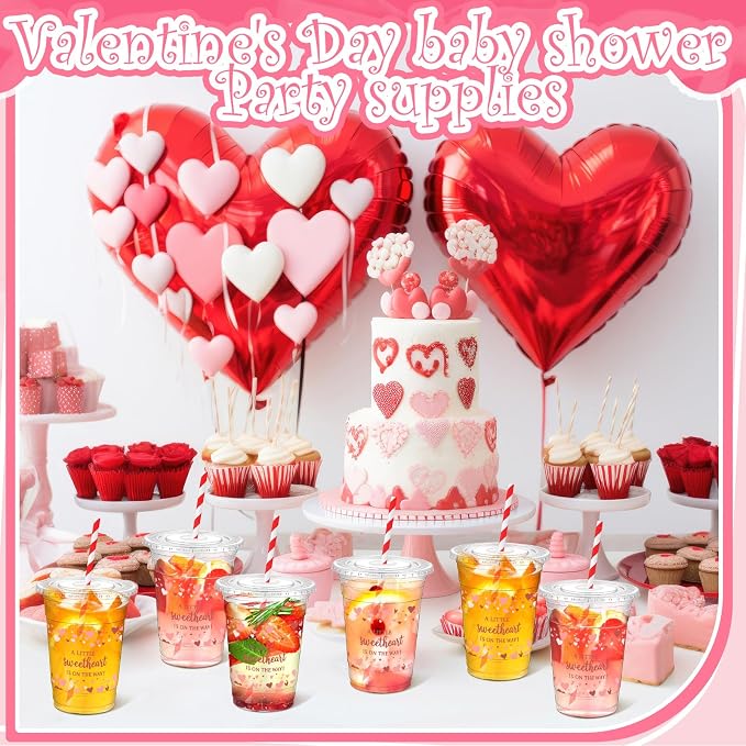 Qinyoung 50 Sets Valentine Heart Baby Shower Cups 16 oz Sweetheart Baby Shower Favors Red Heart Cups with Lid and Straw Disposable A Little Sweetheart Is on The Way Supplies for Birthday