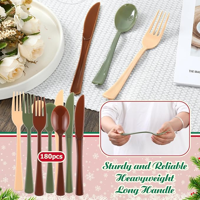 Minatee 180 Pcs Woodland Party Plastic Silverware Heavy Duty Cutlery Sets Disposable Utensils for Holiday Birthday Themed Party Supplies, 60 of Each Forks Knives Spoons