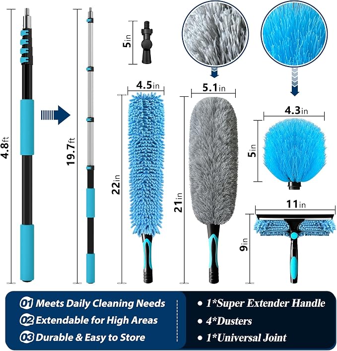 COVERONICS 25FT High Duster Cleaning Tools with 5-20FT Extension Poles - Reusable Fan Duster Cleaning Kits with Ceiling Fan Cleaner Duster, Window Squeegee, Microfiber Feather Duster & Cobweb Duster