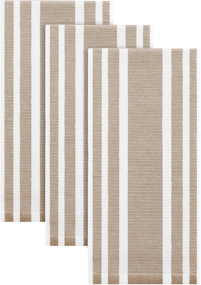 Homaxy Premium Kitchen Towels 18”x 28”, Large Cotton 380 GSM Kitchen Hand Towels, Stripe and Terry Dish Towel, Highly Absorbent Tea Towel Set with Hanging Loop, 3 Pack, Khaki
