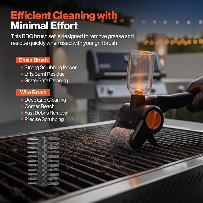 2X Electric Grill Brush Replacement Heads - Heavy-Duty BBQ Cleaning Brush Set for GRILLION Electric Grill Cleaner - Stainless Steel Chain & Wire Brushes