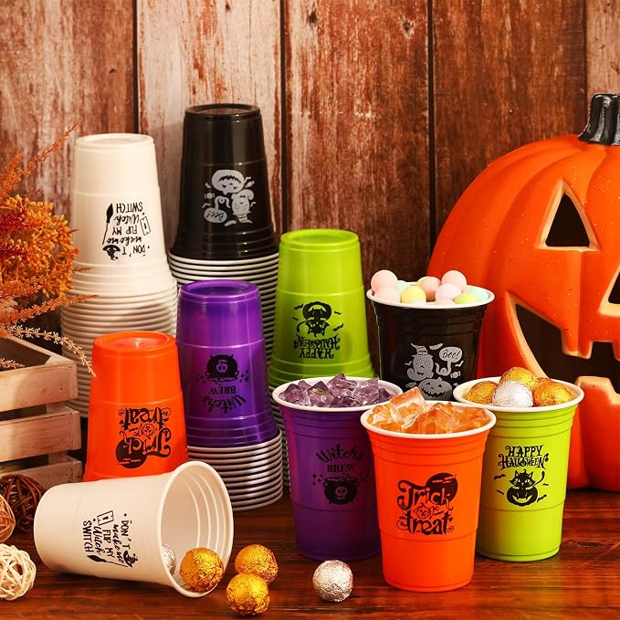 Lallisa 50 Pcs Halloween Plastic Cups 16 oz Disposable Halloween Party Cups Funny Pumpkin Ghost Skull Cat Drinking Tumbler Drinkware for Holiday Party Favors Supplies Family Dinner Decor