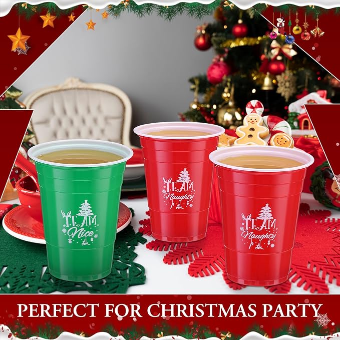 Sliner 100 Pcs 16 oz Christmas Disposable Cups Bulk Plastic Coffee Team Naughty or Nice Plastic Disposable Drinking Cups for Party Drinks Supplies