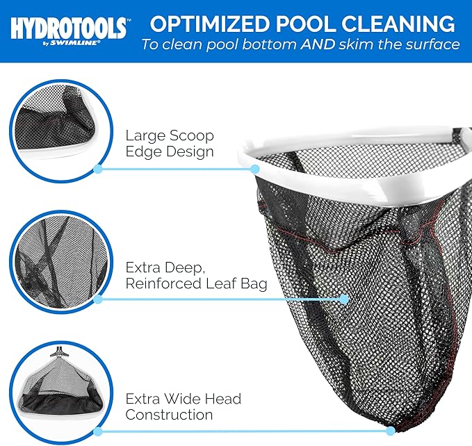 Swimline HYDROTOOLS 80950 Leaf Net For Inground Above Ground Pool Pond | Extra Large Skimmer Net Cleaning Tool & Ultra Fine Deep Mesh Bag | Professional Service Grade Aluminum Frame | Debris Bugs