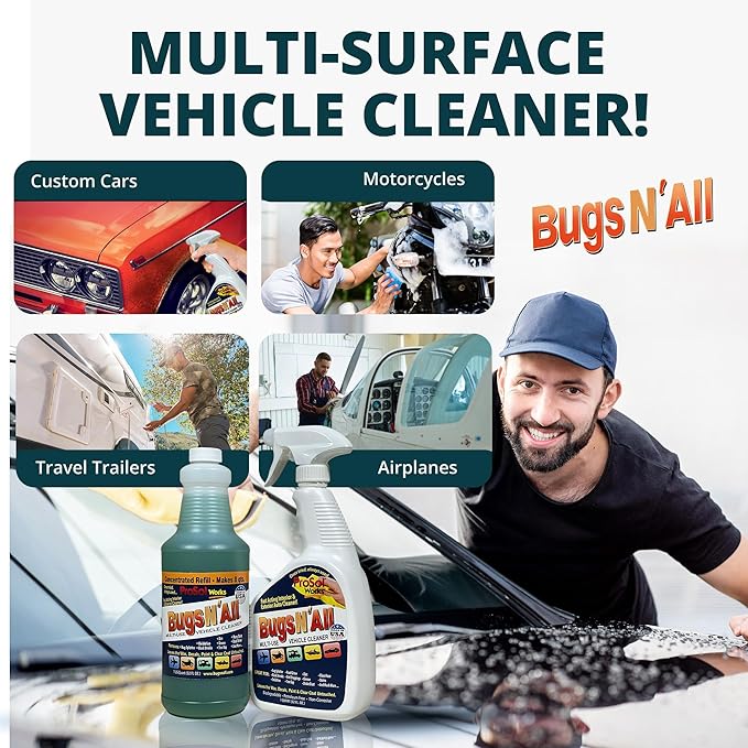 Bugs N' All Multi Surface Cleaner Spray Concentrate 32 oz. w/Empty Cleaning Spray Bottle 32 oz. & Bug Sponge for Car Washing - Mutli-Vehicle Cleaning - Bug & Tar Remover for all Vehicles