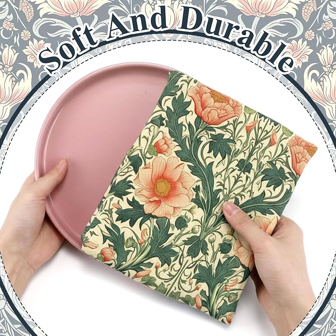 Tegeme 4 Pcs William Morris Floral Kitchen Dishcloth Retro Vintage Flowers Dish Towel 18 x 26 Inch Reusable Absorbent Towel Microfiber Decor for Bathroom Baking Cooking Cleaning Holiday Party Supplies
