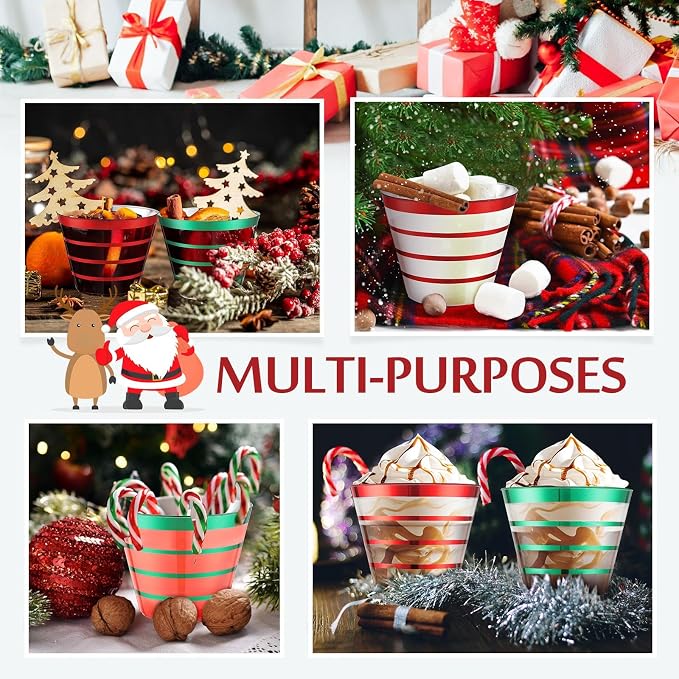 Gejoy 9 oz 200 Pcs Christmas Rimmed Stripe Plastic Cups Bulk Disposable Wine Hard Plastic Drinking Cocktail Cups Tumblers for Wedding Gathering Party Supplies(Red and Green)