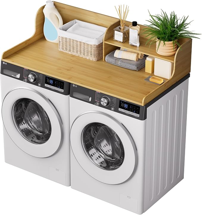 Washer Dryer Countertop with Shelf, 54" x 27.5" 2-Tier Bamboo Laundry Topper, Washer and Dryer Countertop for Laundry Room Organization with Edge Rails, Waterproof, Natural