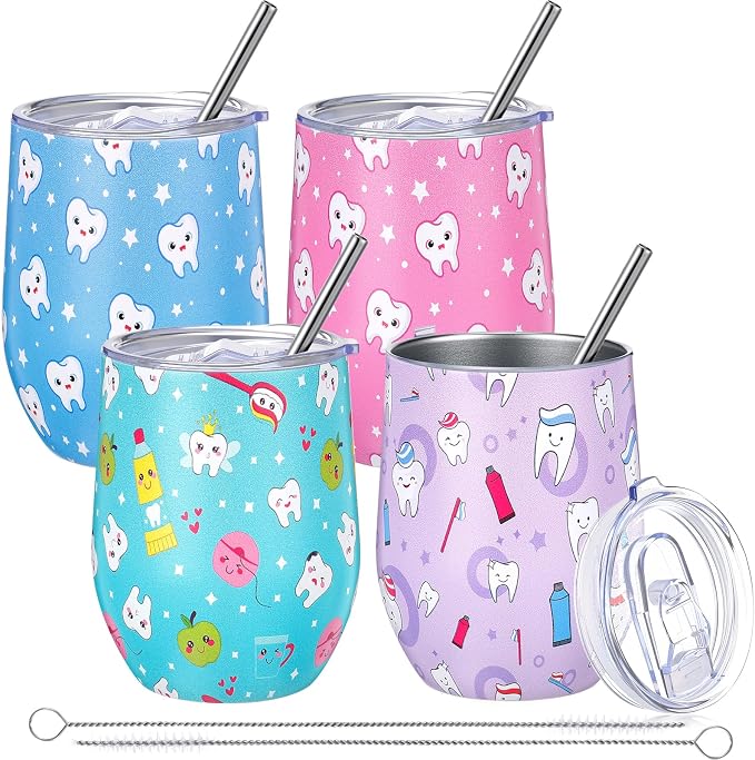 Umigy 4 Pcs Dental Assistant Gifts, Teeth Dentist Wine Tumbler, 12 oz Stainless Steel Coffee Travel Mug, Vacuum Insulated Tumbler Cup with Straw Lid and Brush Dental Hygienist CNA Week Birthday Gifts