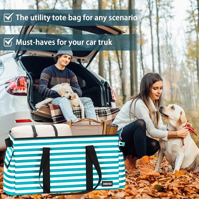 Standing Extra Large Utility Tote Bag with Hard Bottom & Hard Sides, Heavy Duty Reusable Grocery Bags with Handles & 3 Pockets for Shopping, Picnics, Camping, Laundry, Car, Beach Tote Bag