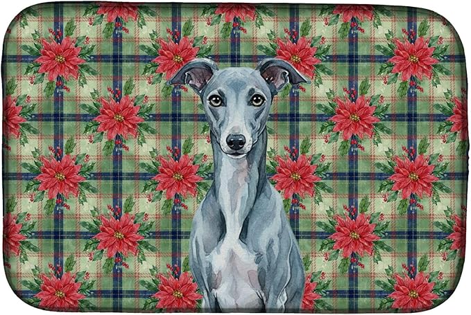 Caroline's Treasures Blue Whippet Christmas PoinsettIas Dish Drying Mat Absorbent Dish Drying Mat Pad for Kitchen Counter Dish Drainer Mat for Countertop, 14 x 21", Multicolor