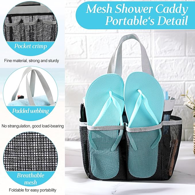 8 Packs Mesh Large Shower Caddy Portable with 8 Pockets and Handles Quick Dry Shower Bags Hanging Bath Bag Dorm Room College Essentials for Bathroom Gym Camp (Grey)