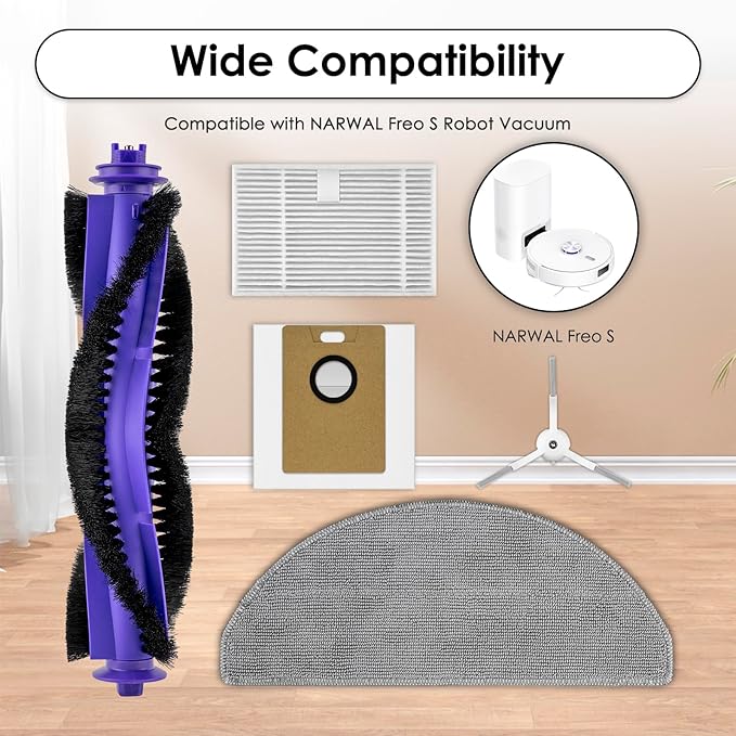 (15 Pack) Freo S Replacement Parts Compatible with Narwal Freo S Robot Vacuum Cleaner, 1 Roller Brush, 4 Side Brushes, 4 HEPA Filters, 4 Dust Bags, 2 Mop Pads, Accessories Kit
