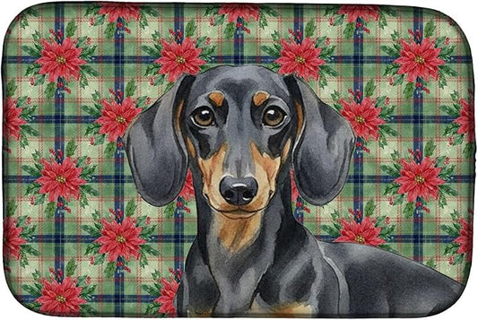 Caroline's Treasures Black and Tan Dachshund Christmas PoinsettIas Dish Drying Mat Absorbent Dish Drying Mat Pad for Kitchen Counter Dish Drainer Mat for Countertop, 14 x 21", Multicolor