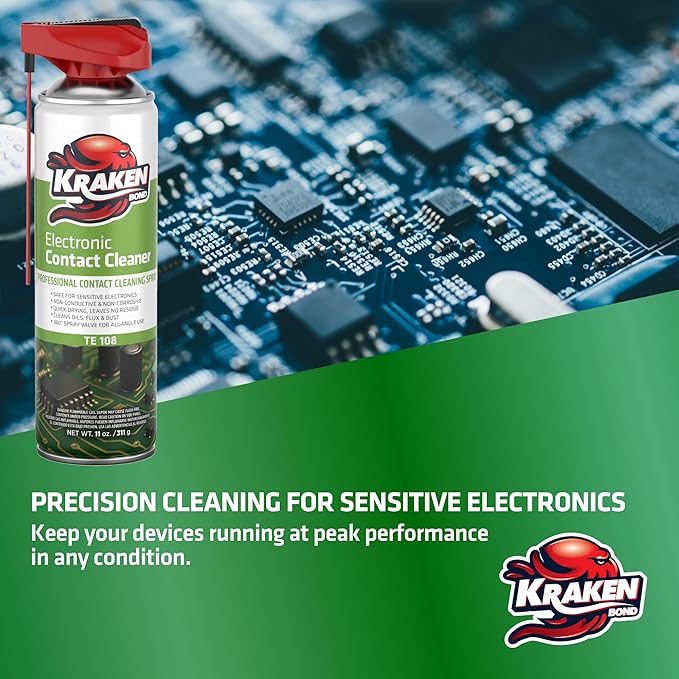 KRAKEN BOND Electronic Contact Cleaner Spray – (1X11 Oz) – Fast-Drying, Residue-Free, Non-Conductive Cleaner for Sensitive Electronics, Automotive, Circuit Boards & Connectors – 1 Pack