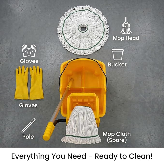 35 Quart Commercial Mop Bucket with Side Press Wringer on Wheels, Industrial Mop and Bucket Set with Loop-End Mop Head, Gloves and Microfiber Cloth, Heavy Duty Yellow Janitorial Cleaning Cart