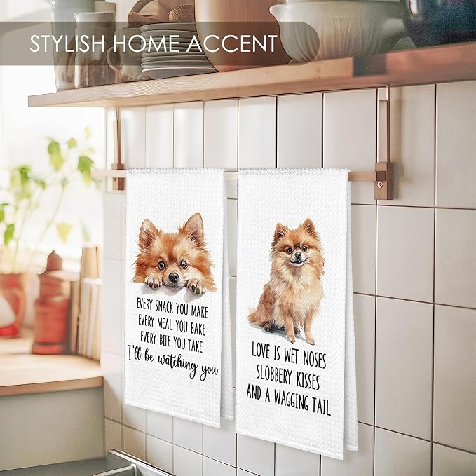Pomeranian Kitchen Towel Gifts for Dog Lovers Decorative Set of 2, Pomeranian Dish Towels Dishcloths Tea Towels, Pom Waffle Weave Microfiber Hand Towel for Kitchen Bathroom Decor 16x24