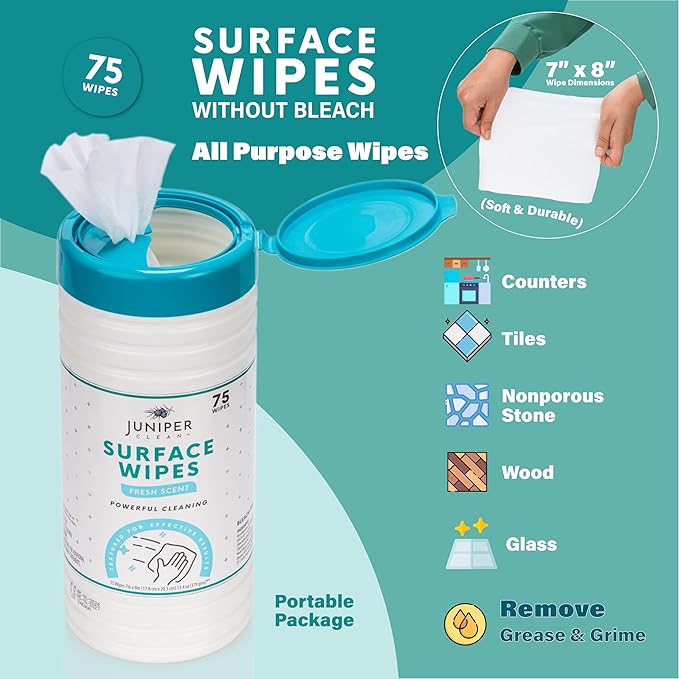 Juniper CLEAN 4 Pack Surface Cleaning Wipes Bleach Free, All-Purpose Cleaner for Bathroom, Kitchen, Office, 300 Count Canister, 7.5" x 7" Sheet, Fresh Scent, Lint Free & Durable