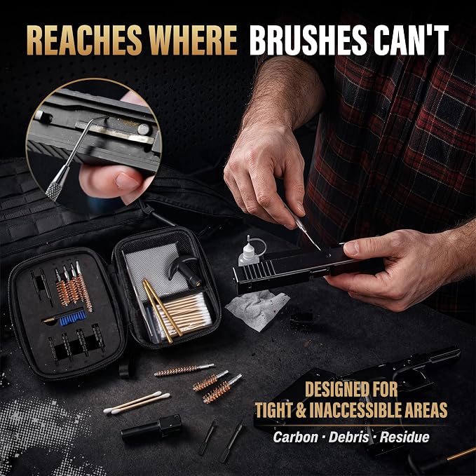 GLORYFIRE Universal Gun Cleaning Kit Fits .22 .357/9mm .38 .40 .45 Cal Handguns & Pistols Compact Carrying Case for Portability Multiple Styles with Brass or Plastic Jags & Tips for Shooting and Range
