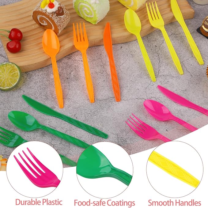 Kochorie 360 Pieces Neon Party Plastic Cutlery Set Disposable Colorful Plastic Utensils Heavy Duty Flatware Set Includes 120 Knives 120 Forks 120 Spoons for Party Birthday Wedding