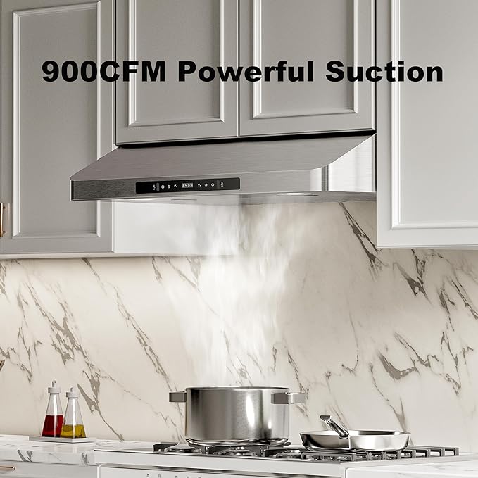 Range Hood 30inch Under Cabinet, 900CFM Stainless Steel Kitchen Vent Hood with Gesture/Touch Control and Permanent Stainless Steel Filters, Ducted Vent, Top and Rear Vents