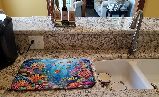 Caroline's Treasures Coral and Fish Dish Drying Mat Absorbent Dish Drying Mat Pad for Kitchen Counter Dish Drainer Mat for Countertop, 14 x 21", Multicolor