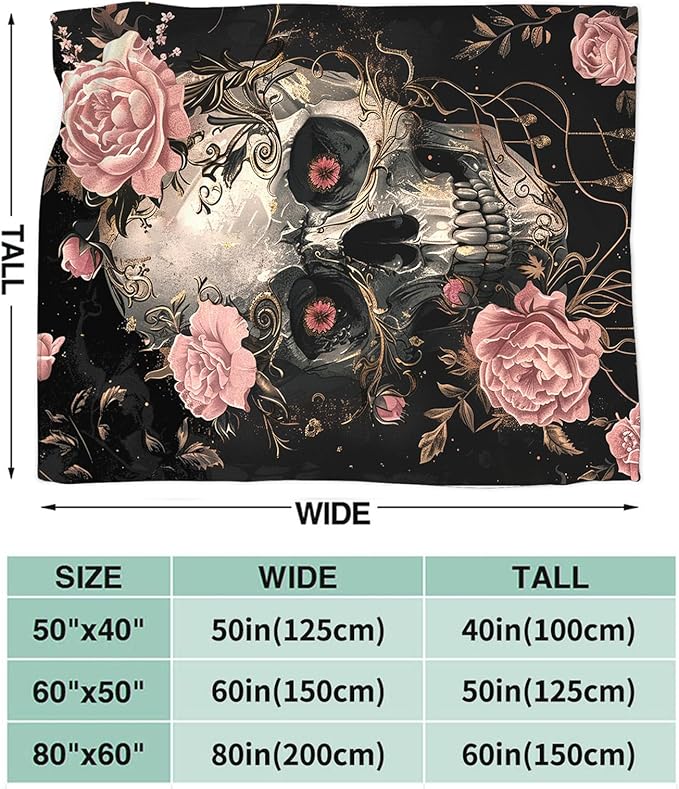 Tijuboni Skull Roses Throw Blanket Skull Gifts for Girls Boys Women Men Kids Adults Soft Flannel Fleece Blanket for Couch Sofa Bed Home Decor 60"x80"
