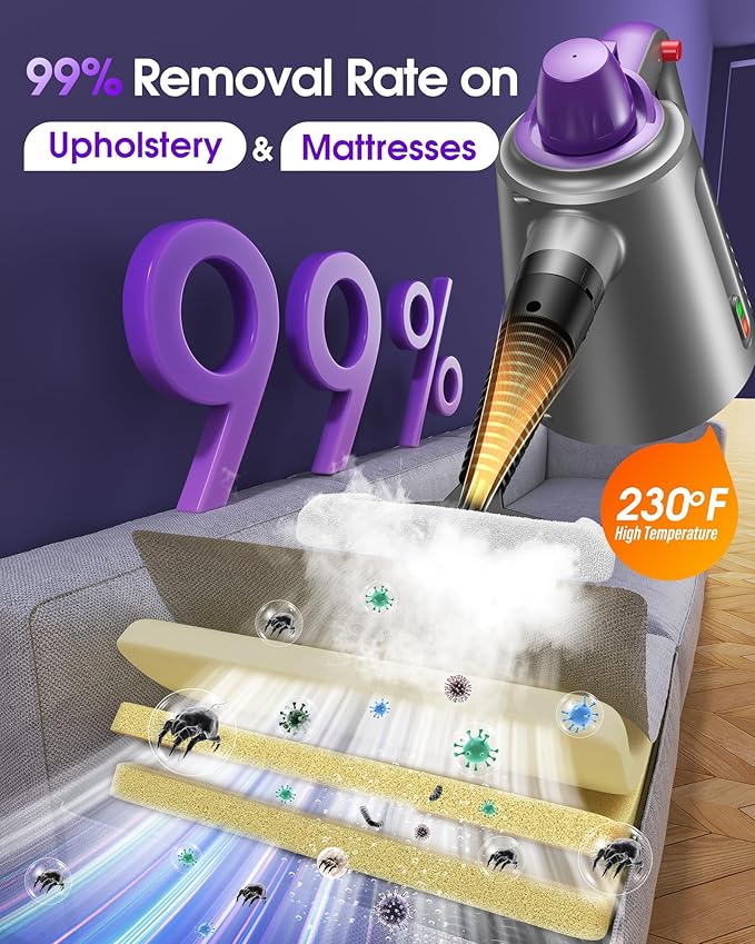 Handheld Steam Cleaner for Home, Pressurized Multi Purpose Steamer for Cleaning Upholstery Bed Furniture Couch Carpet Car with 14 Accessories & Safety Lock, Small Solution Tank for Grease