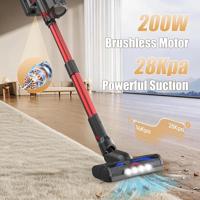 Cordless Vacuum Cleaner Upgraded 200W 45Mins Rechargeable with 3 Suction Modes Anti-Tangle Wireless Vacumm with Touch Screen LED Light Lightweight Wireless Vacuum for Home Pet Hair Floors Car