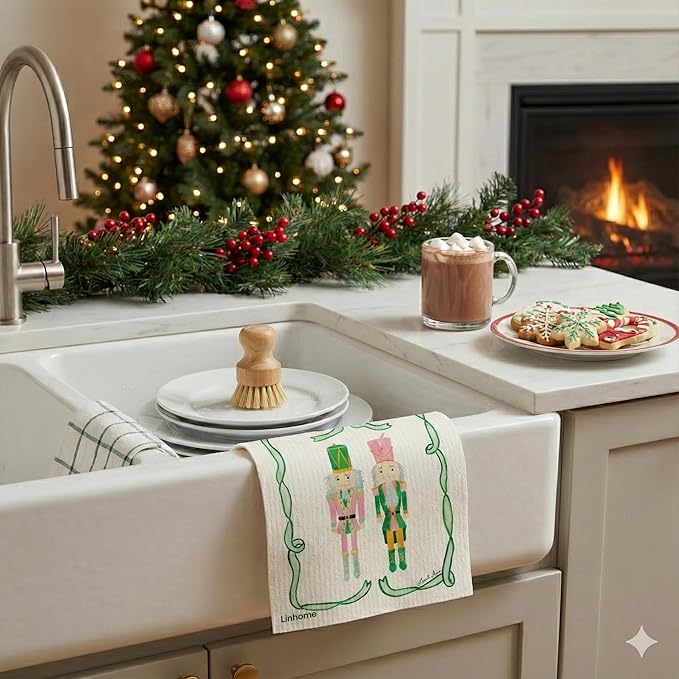 Christmas Holiday Swedish Dishcloth, Reusable Paper Towel, Super Absorbent Cellulose Sponge, Washable Kitchen Cleaning Cloth (Nutcraker Duo - 1 Pack)