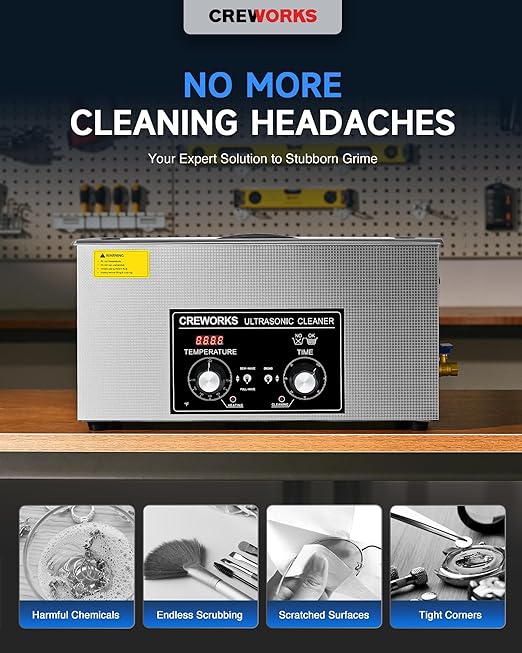 CREWORKS 22L Ultrasonic Cleaner with Heater and Timer, 480W Stainless Steel Ultrasonic Cleaner Machine with Degas & Gentle Modes, Ultrasonic Parts Cleaner with Knob Control for Machine Part Auto Tool