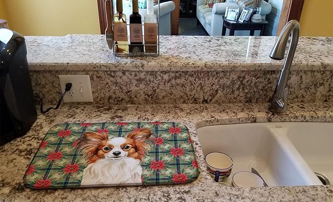 Caroline's Treasures White with Red Papillon Christmas PoinsettIas Dish Drying Mat Absorbent Dish Drying Mat Pad for Kitchen Counter Dish Drainer Mat for Countertop, 14 x 21", Multicolor