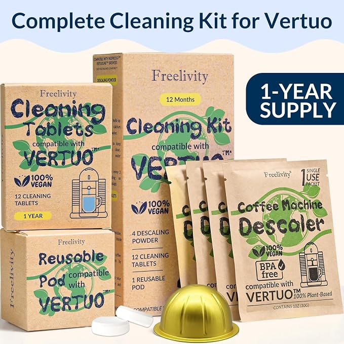 Nespresso Compatible Vertuo Cleaning & Descaling Kit – 12 Month Supply - Includes 4 Descaling Powder Solution, 12 Cleaning Tablets, 1 Reusable Pod, Eco-Friendly Vertuoline Maintenance Kit