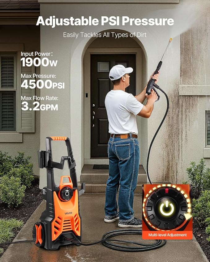 VEVOR Electric Pressure Washer, Max 4500 PSI and 3.2 GPM with Pressure Adjustment, High Power Pressure Cleaning Machine with 4 Quick Connect Nozzles, for Cars/Fences/Driveways/Patios/Home Cleaning
