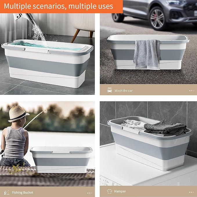 Collapsible Mop Bucket - 19L 5.1 Gallon Rectangular Foldable Water Basin with Dual Handles and Reinforced Base - for Versatile House Cleaning Camping RV Car Washing and Pet Bathing Use